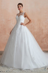Princess Long Ball Gown A-line White Wedding Dress with Lace